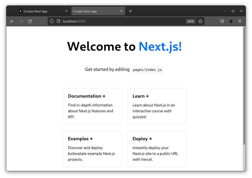 The Next.js welcome page from the Django development server on port 8000