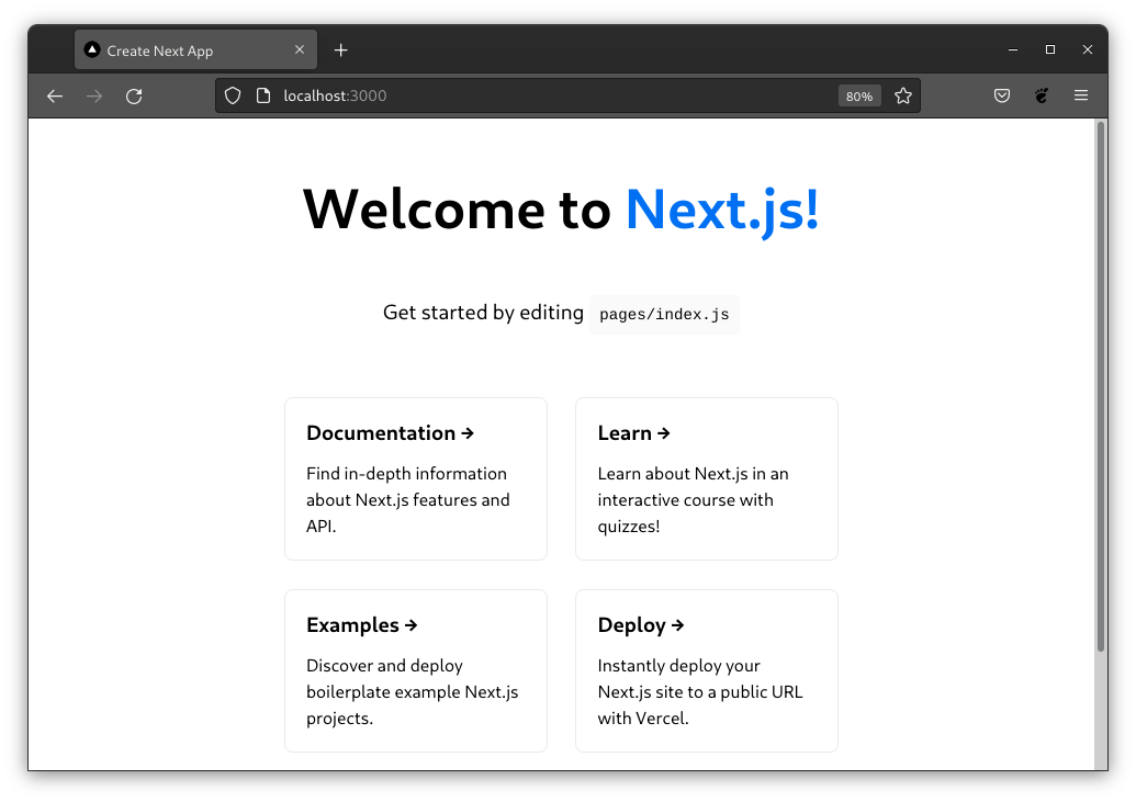 The Next.js welcome page on port 3000